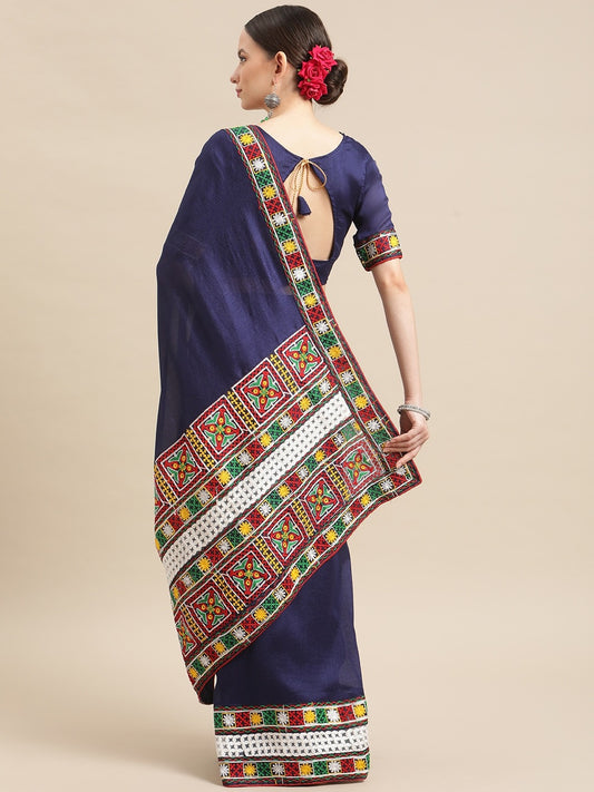 Dhiyona RV Women's Shiny Vichitra Multi Color Thread Kutchi Embroidery Saree With Blouse ( KVD1467 )