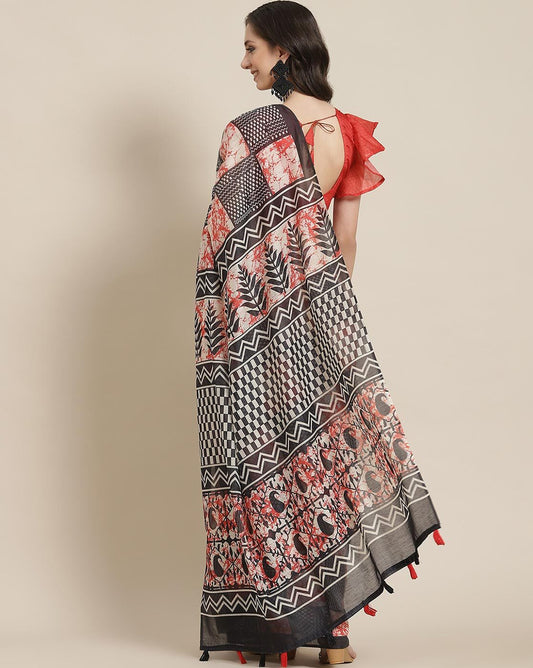 Dhiyona RV Women's Linen Blend Floral Printed Exclusive Saree With Blouse ( KVD1500 )