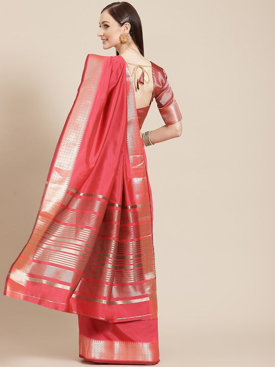 Dhiyona RV Women's Soft Cotton Silk With Golden Broad Border Saree With Blouse ( KVD1518 )