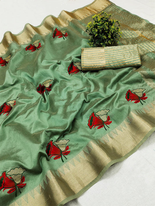 Dhiyona RV Women's Assam Cotton Silk With Thread And Zari Embroidery Saree With Blouse ( KVD1529 )