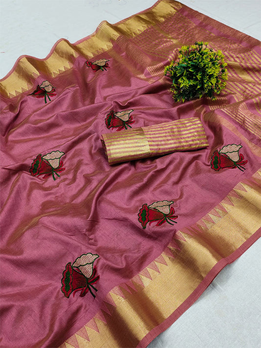 Dhiyona RV Women's Assam Cotton Silk With Thread And Zari Embroidery Saree With Blouse ( KVD1530 )