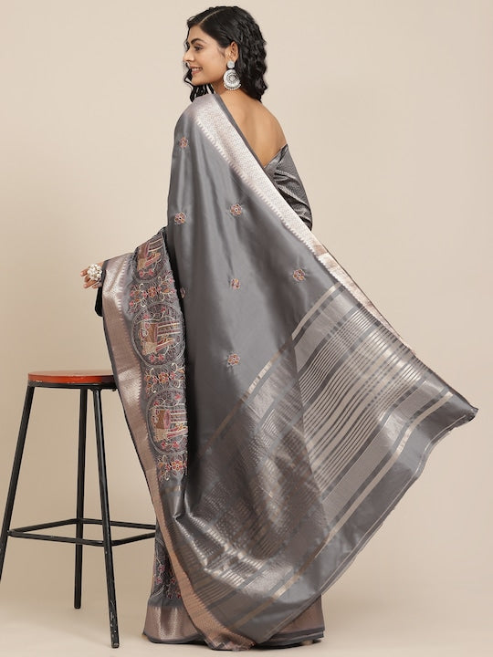 Dhiyona RV Women's Soft Cotton Silk With Colourful Thread Embroidery Saree With Blouse ( KVD1542 )