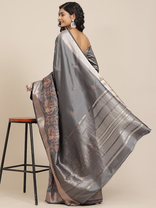 Dhiyona RV Women's Soft Cotton Silk With Colourful Thread Embroidery Saree With Blouse ( KVD1542 )