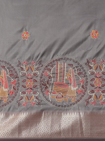 Dhiyona RV Women's Soft Cotton Silk With Colourful Thread Embroidery Saree With Blouse ( KVD1542 )