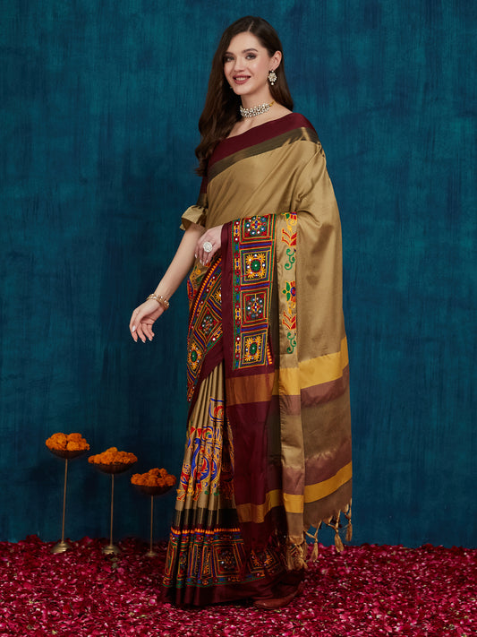 Dhiyona RV Women's Cotton Silk Heavy Kutchi Work With Peacock Design Embroidered Saree  ( KVD1544 )