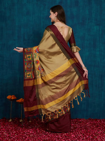 Dhiyona RV Women's Cotton Silk Heavy Kutchi Work With Peacock Design Embroidered Saree  ( KVD1544 )