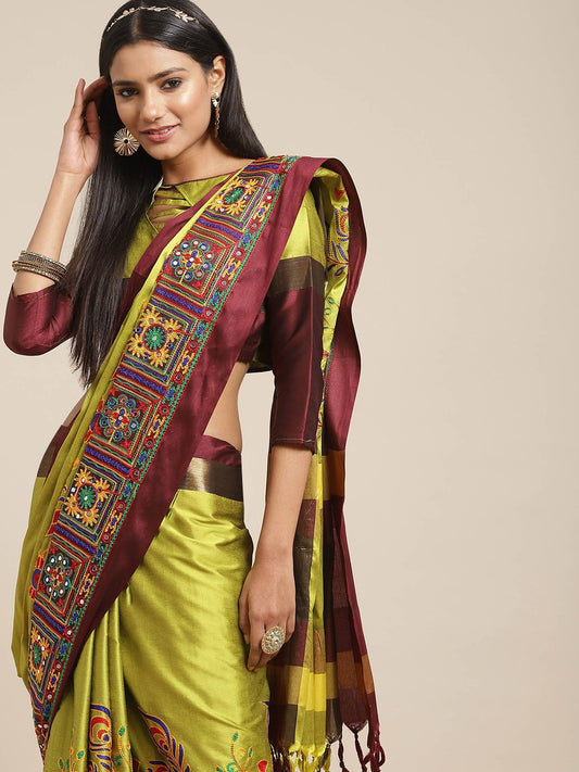 Dhiyona RV Women's Cotton Silk Heavy Kutchi Work With Peacock Design Embroidered Saree  ( KVD1545 )