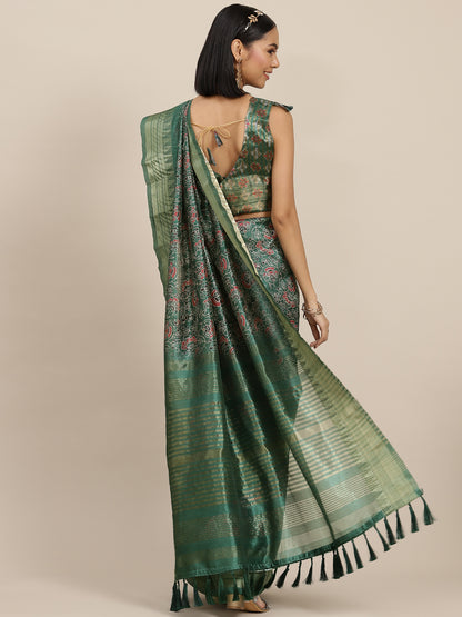 Dhiyona RV Women's Assam Cotton Silk jari weaving ajrakh printed Saree with blouse ( KVD1558 )