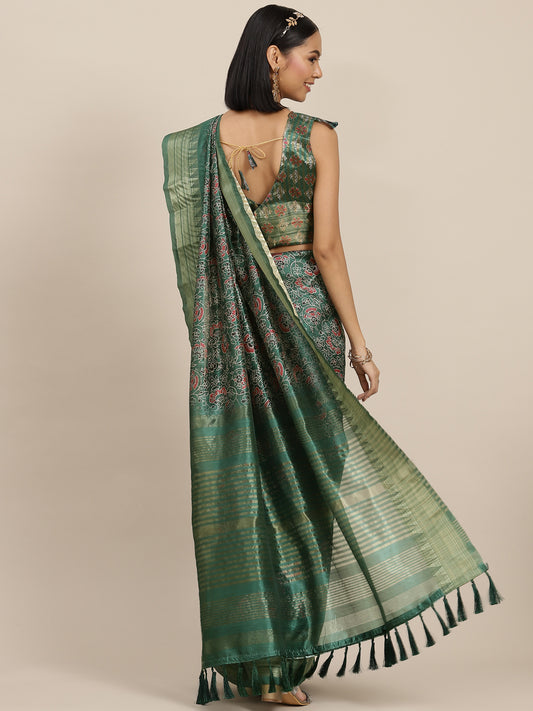 Dhiyona RV Women's Assam Cotton Silk jari weaving ajrakh printed Saree with blouse ( KVD1558 )