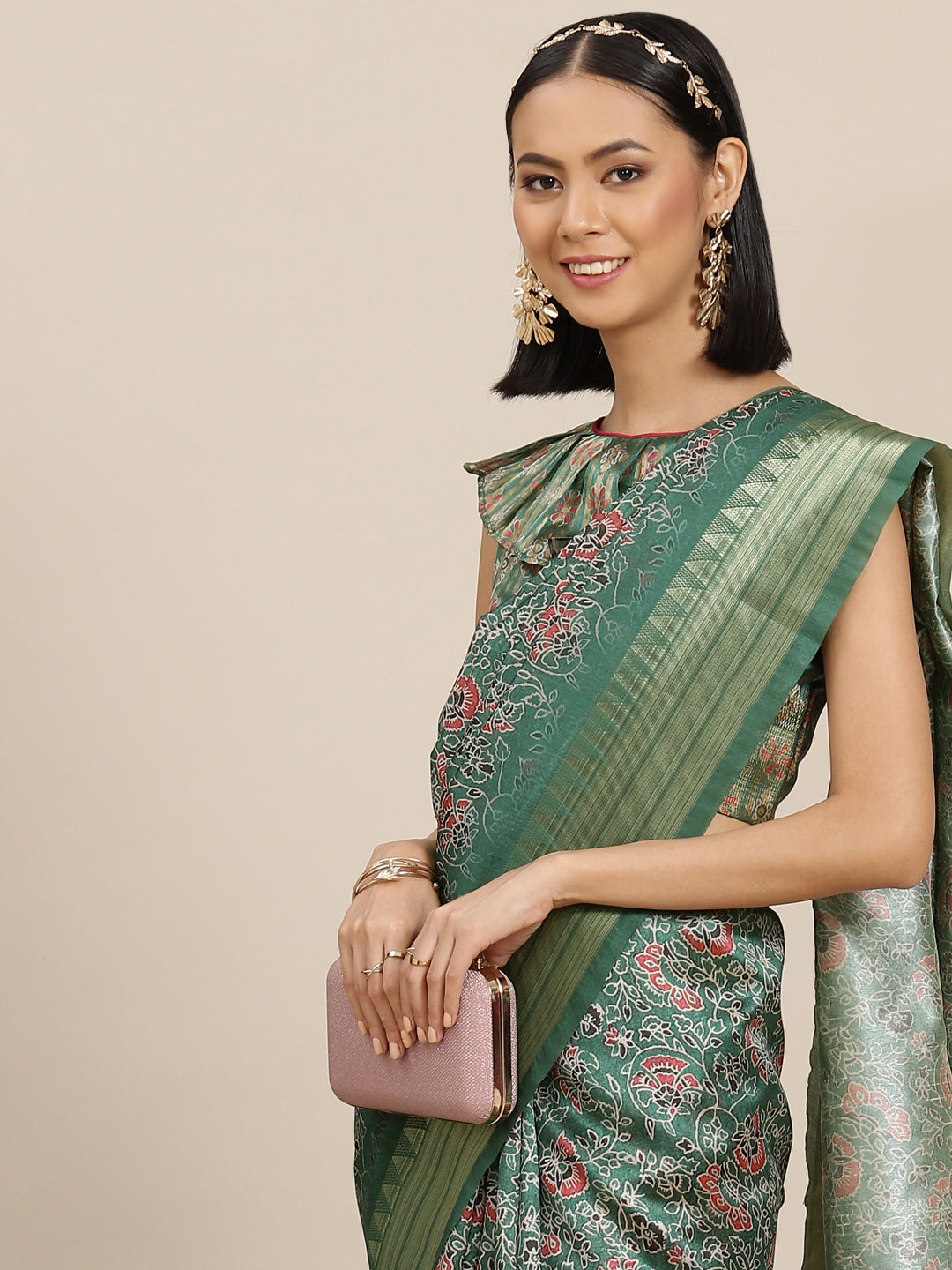 Dhiyona RV Women's Assam Cotton Silk jari weaving ajrakh printed Saree with blouse ( KVD1558 )