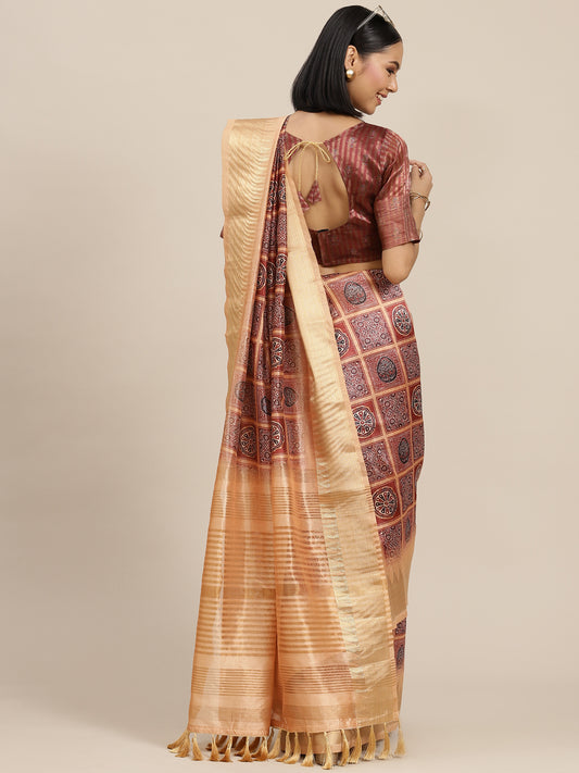 Dhiyona RV Women's Assam Cotton Silk jari weaving ajrakh printed Saree with blouse ( KVD1560 )