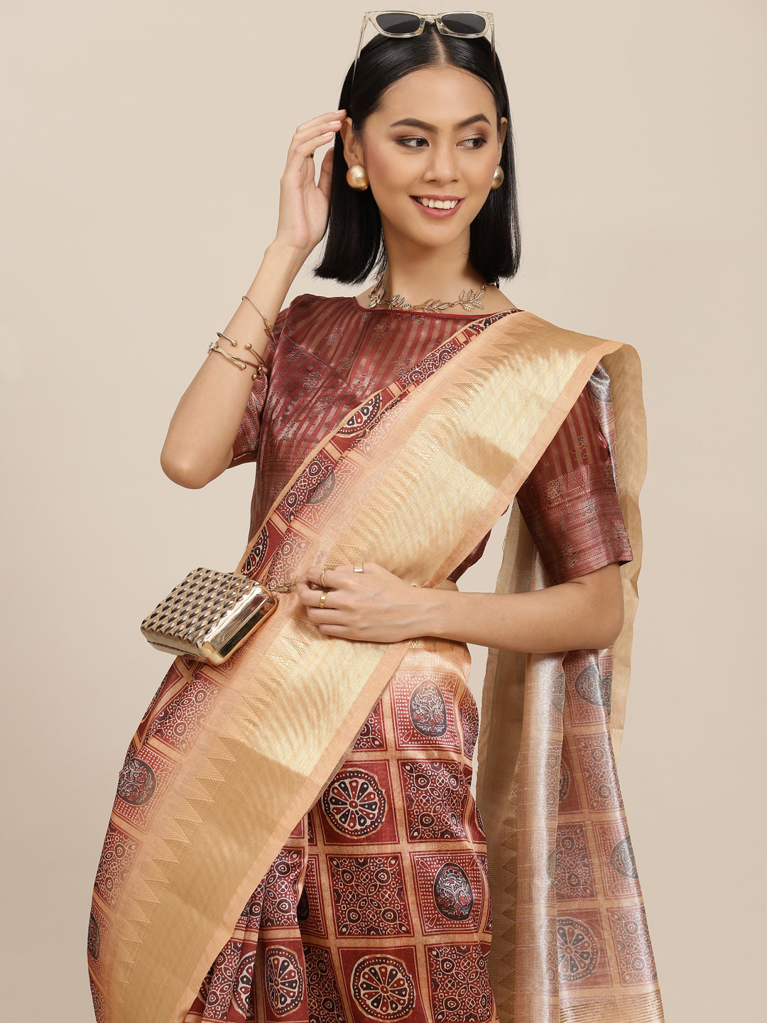 Dhiyona RV Women's Assam Cotton Silk jari weaving ajrakh printed Saree with blouse ( KVD1560 )