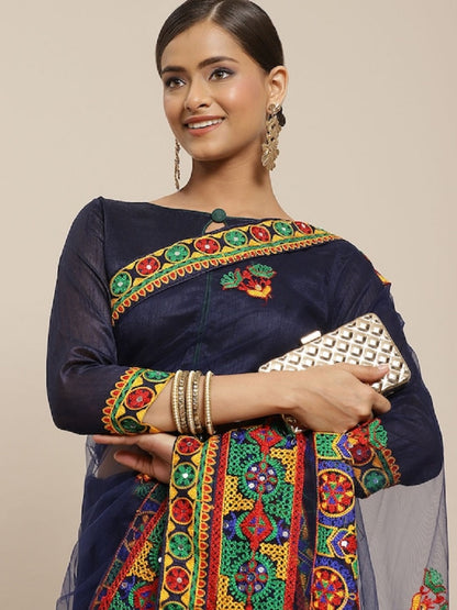 Dhiyona RV Women's Net Traditional Embroidered And Mirror Work Saree With Blouse ( KVD1573 )
