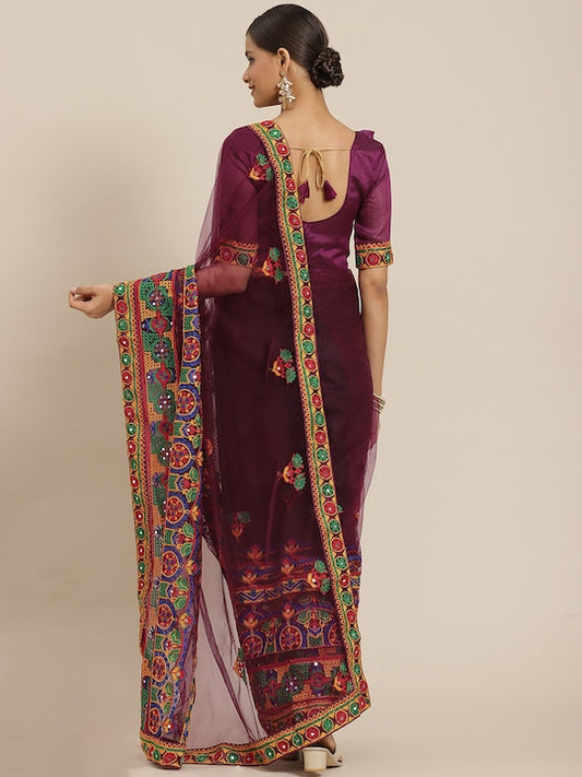 Dhiyona RV Women's Net Traditional Embroidered And Mirror Work Saree With Blouse ( KVD1575 )