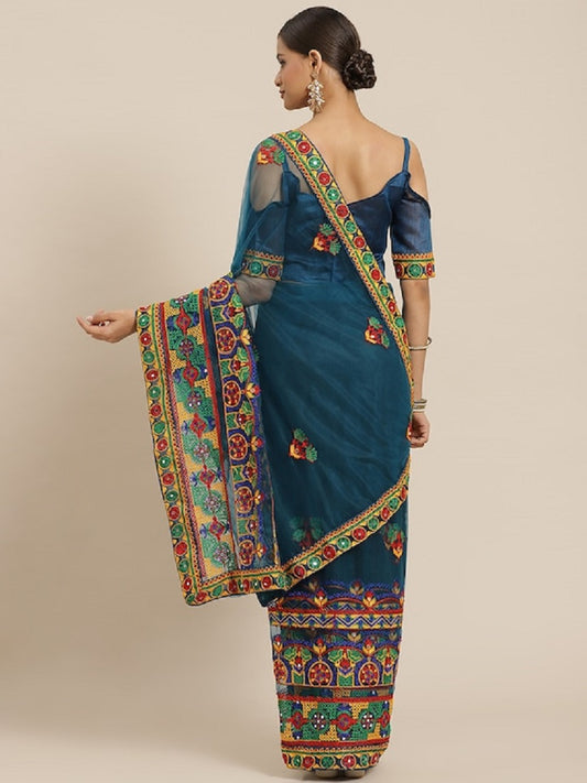 Dhiyona RV Women's Net Traditional Embroidered And Mirror Work Saree With Blouse ( KVD1576 )