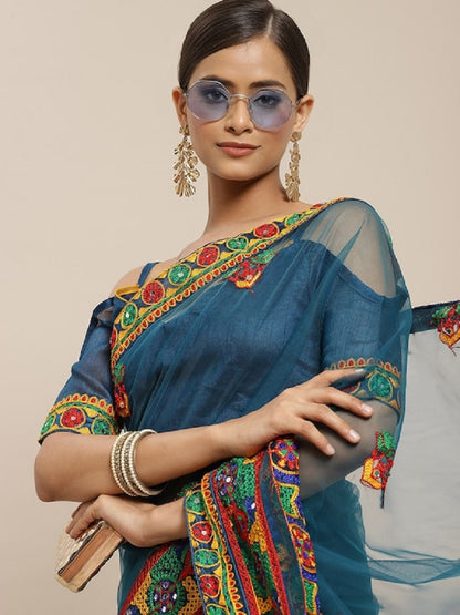 Dhiyona RV Women's Net Traditional Embroidered And Mirror Work Saree With Blouse ( KVD1576 )