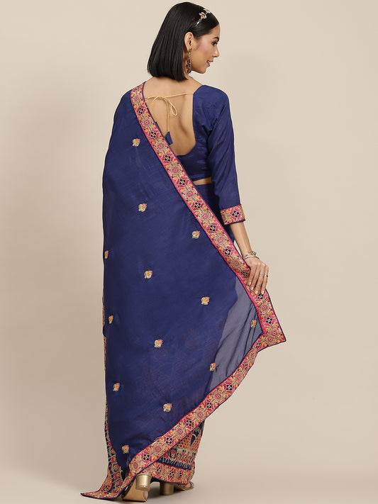 Dhiyona RV Women's Vichitra Silk With Zari Embroidered Saree With Blouse ( KVD1598 )