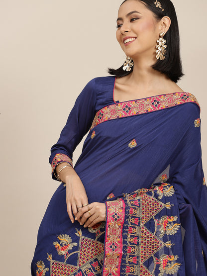 Dhiyona RV Women's Vichitra Silk With Zari Embroidered Saree With Blouse ( KVD1598 )