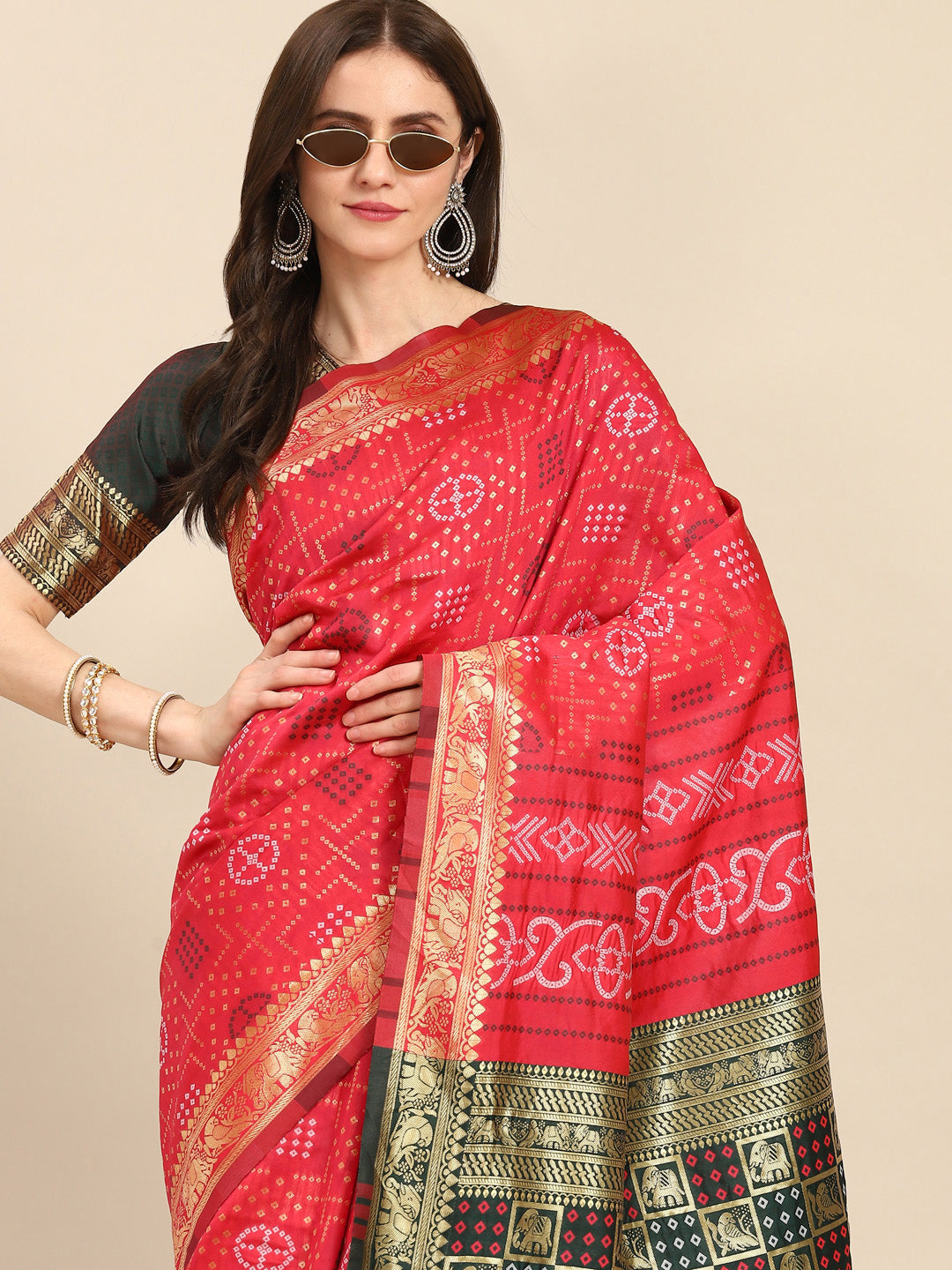 Dhiyona RV Women's Banarasi Cotton Silk With Zari weaving Bandhani Saree  ( KVD1641 )