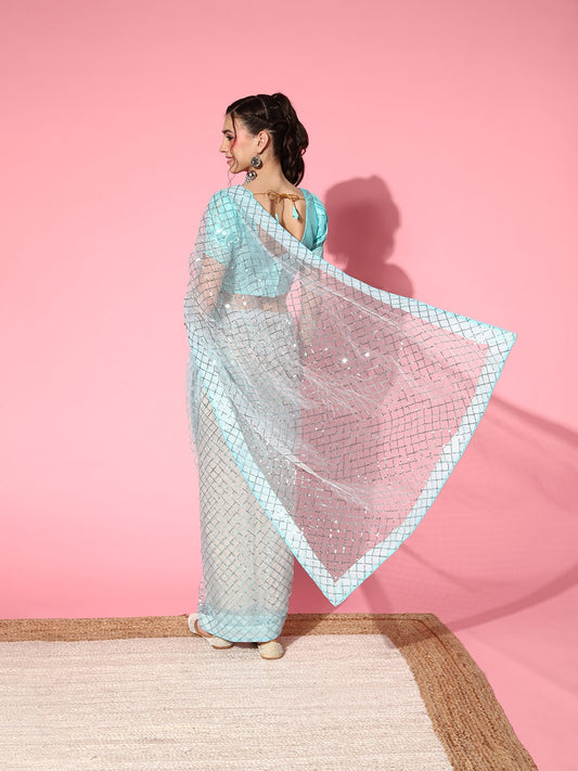 Dhiyona RV Women's Exquisite Net Sequins Embroidered Saree with Banglori Satin Blouse ( KVD1670 )