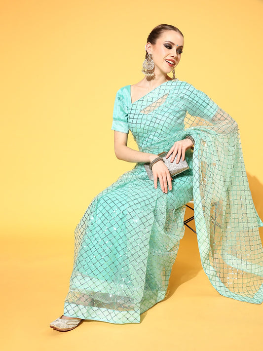 Dhiyona RV Women's Exquisite Net Sequins Embroidered Saree with Banglori Satin Blouse ( KVD1671 )