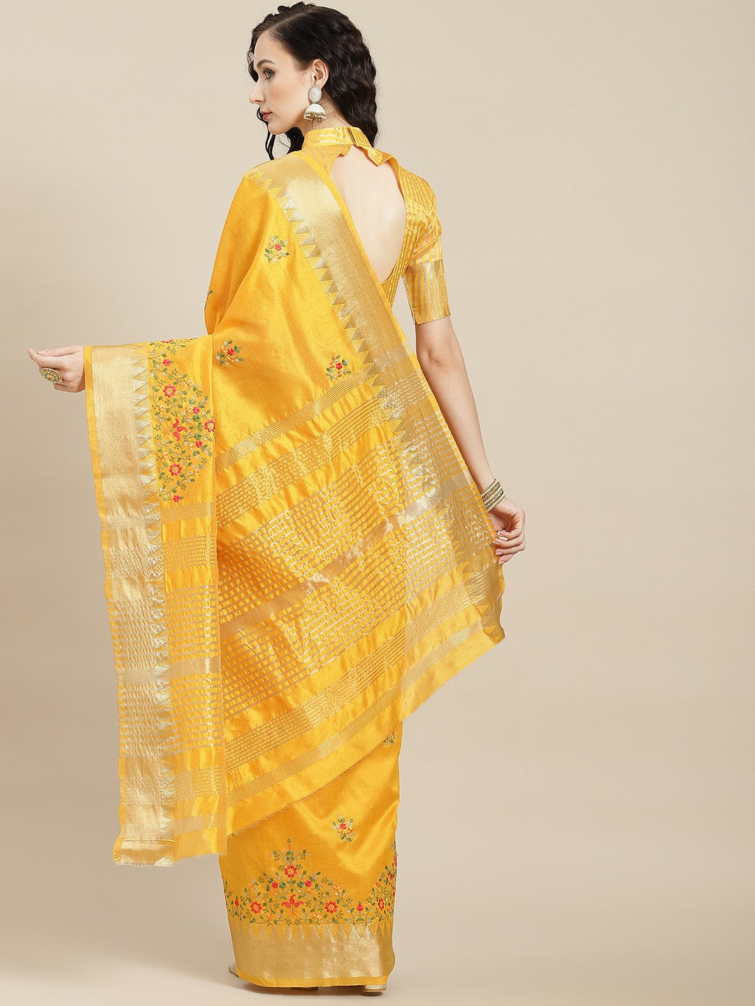 Dhiyona RV Women's Elegant Assam Cotton Silk Embroidered Saree with Temple Contrast Border  ( KVD1699 )