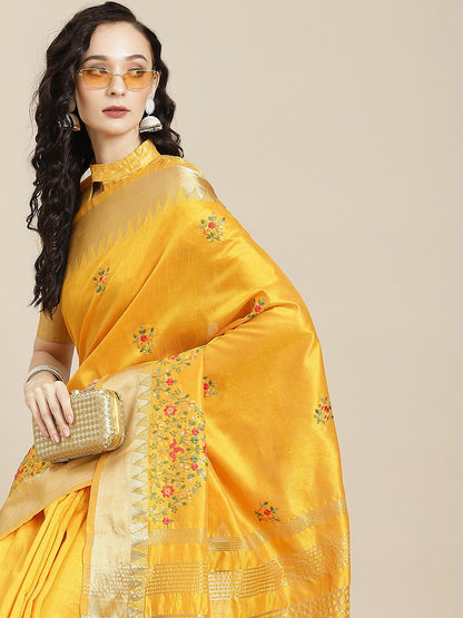 Dhiyona RV Women's Elegant Assam Cotton Silk Embroidered Saree with Temple Contrast Border  ( KVD1699 )