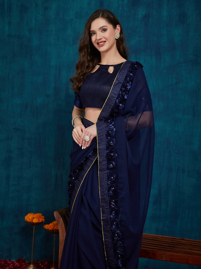 Dhiyona RV Women's Designer Ribbon Work Georgette Saree with Blouse ( KVD17 )
