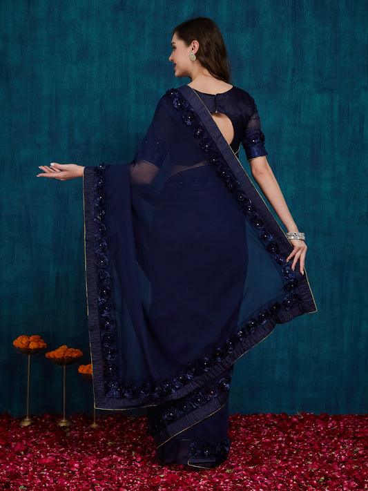 Dhiyona RV Women's Designer Ribbon Work Georgette Saree with Blouse ( KVD17 )