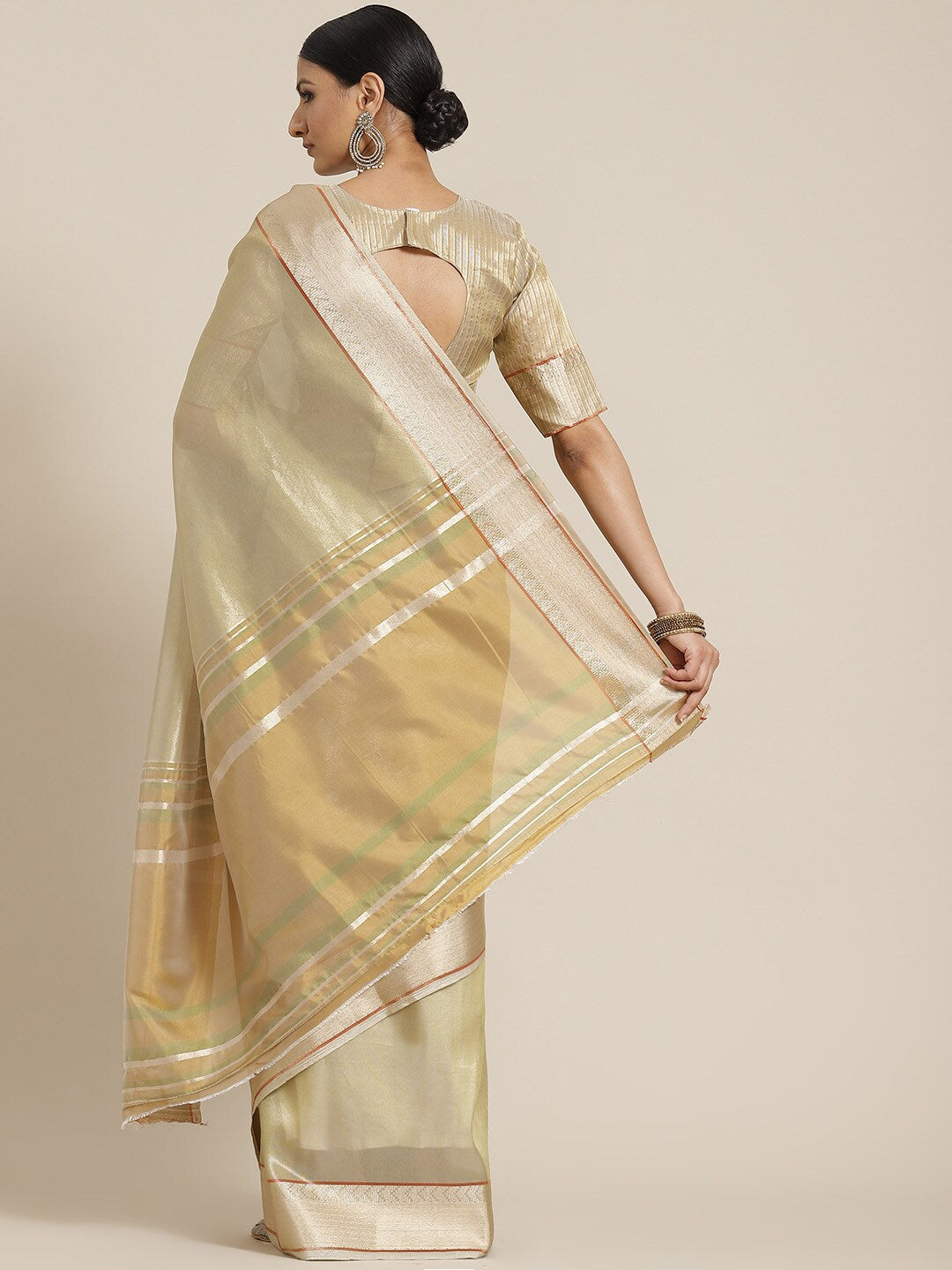 Dhiyona RV Women's Elegant Cotton Silk Linen Saree with Designer Golden Border ( KVD1744 )