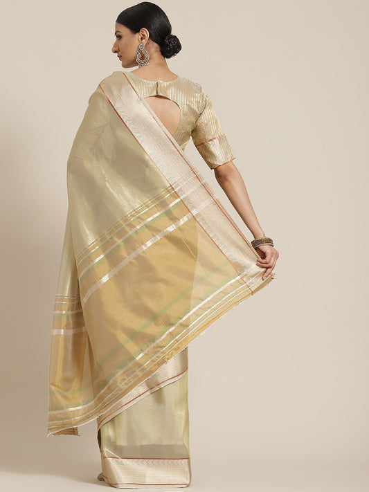 Dhiyona RV Women's Elegant Cotton Silk Linen Saree with Designer Golden Border ( KVD1744 )