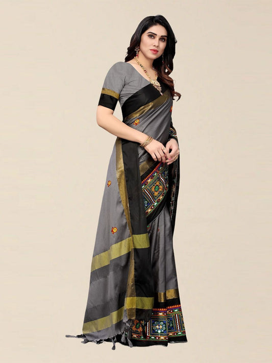 Dhiyona RV Women's Designer Cotton Silk Embroidered Saree with Heavy Border ( KVD1754 )