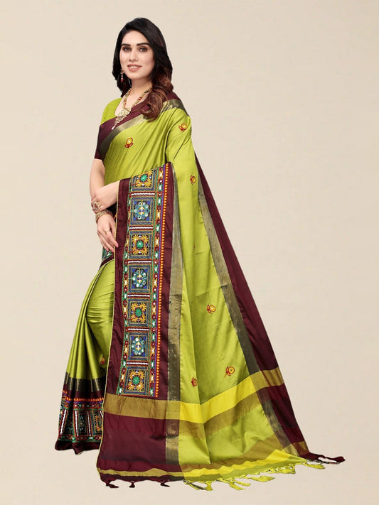 Dhiyona RV Women's Designer Cotton Silk Embroidered Saree with Heavy Border ( KVD1755 )