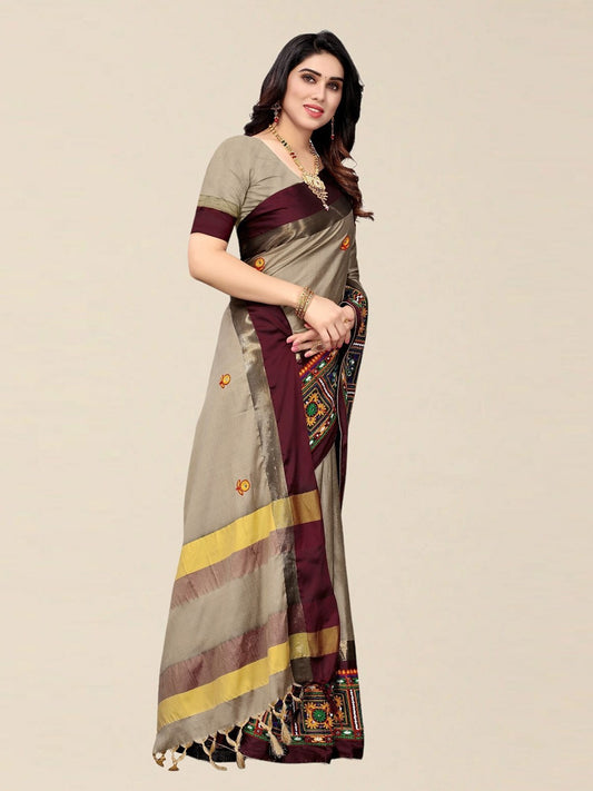 Dhiyona RV Women's Designer Cotton Silk Embroidered Saree with Heavy Border ( KVD1756 )