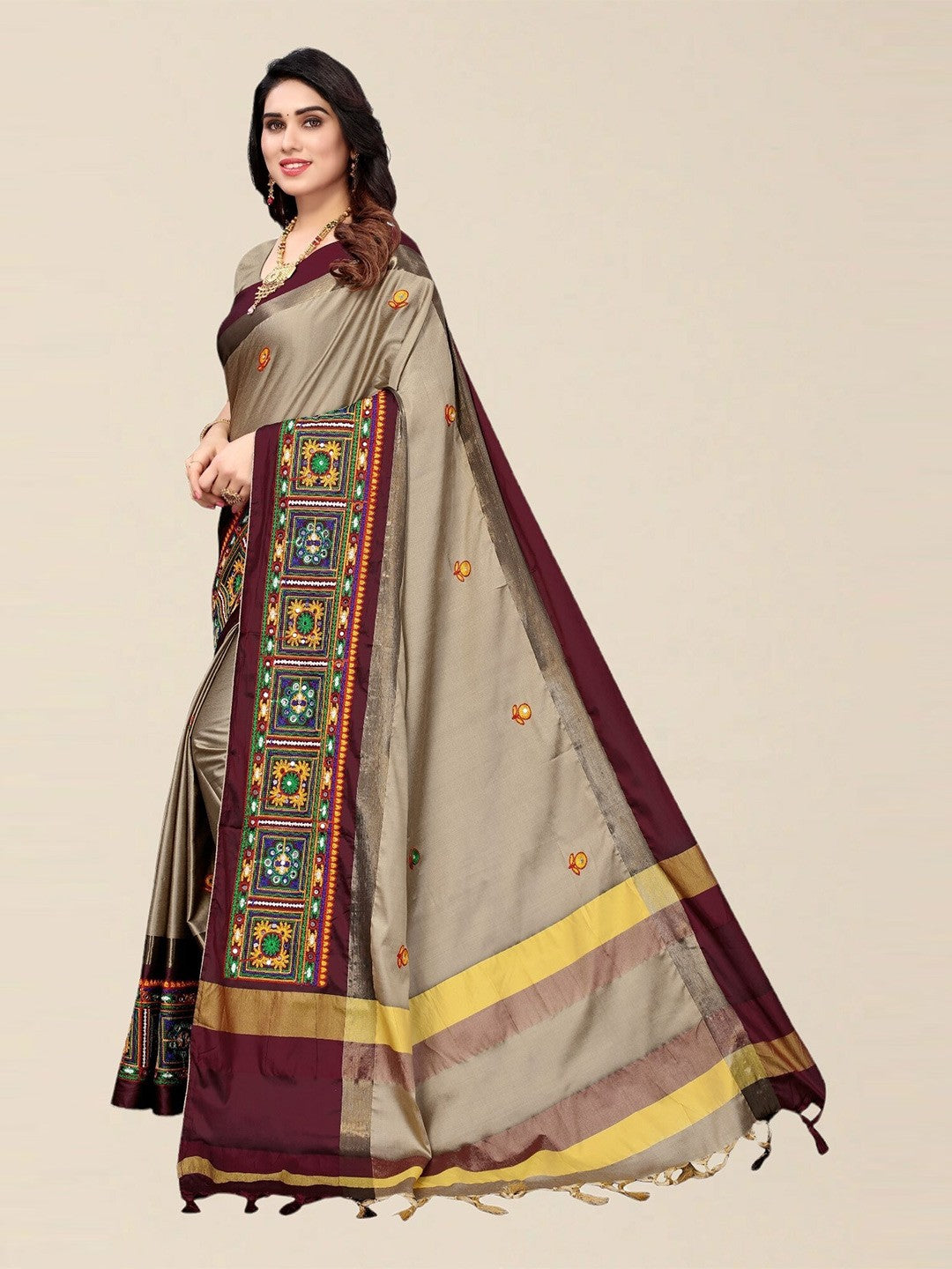 Dhiyona RV Women's Designer Cotton Silk Embroidered Saree with Heavy Border ( KVD1756 )