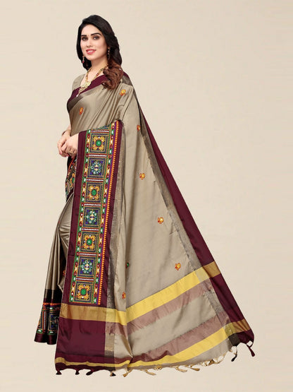 Dhiyona RV Women's Designer Cotton Silk Embroidered Saree with Heavy Border ( KVD1756 )