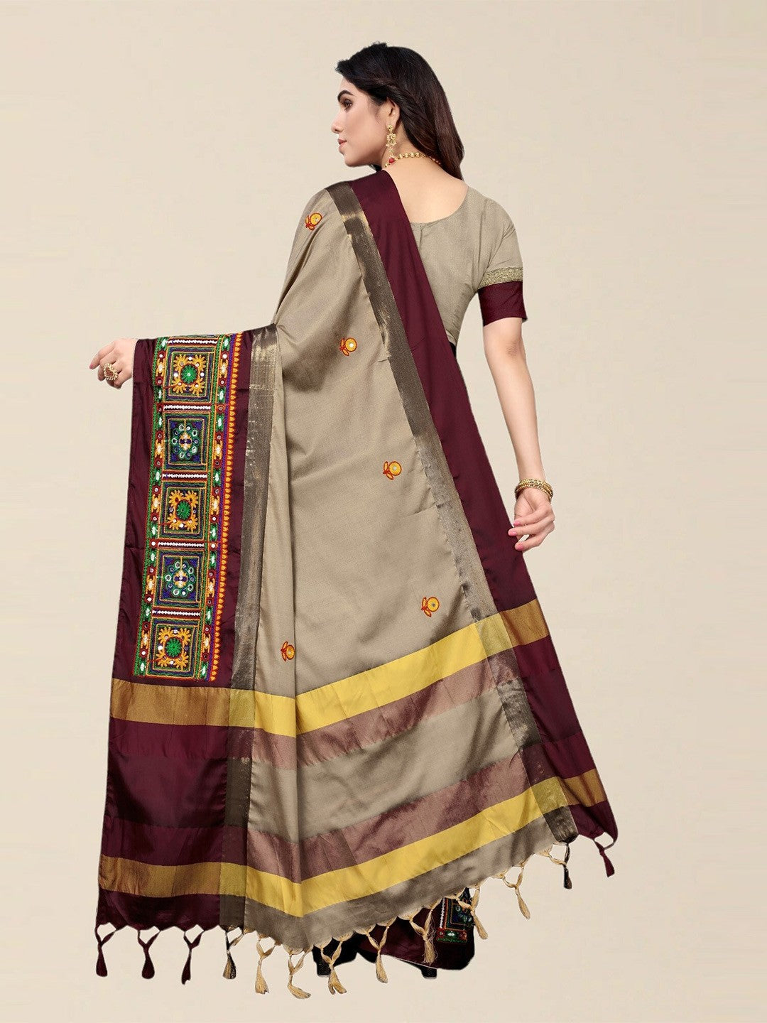Dhiyona RV Women's Designer Cotton Silk Embroidered Saree with Heavy Border ( KVD1756 )