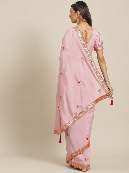 Dhiyona RV Women's Designer Vichitra Georgette Embroidered Saree with Jacquard Lace With Blouse ( KVD1796 )