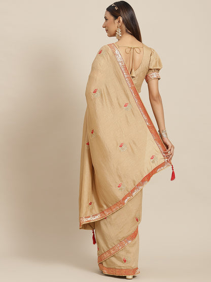 Dhiyona RV Women's Designer Vichitra Georgette Embroidered Saree with Jacquard Lace With Blouse ( KVD1797 )