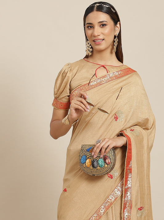 Dhiyona RV Women's Designer Vichitra Georgette Embroidered Saree with Jacquard Lace With Blouse ( KVD1797 )