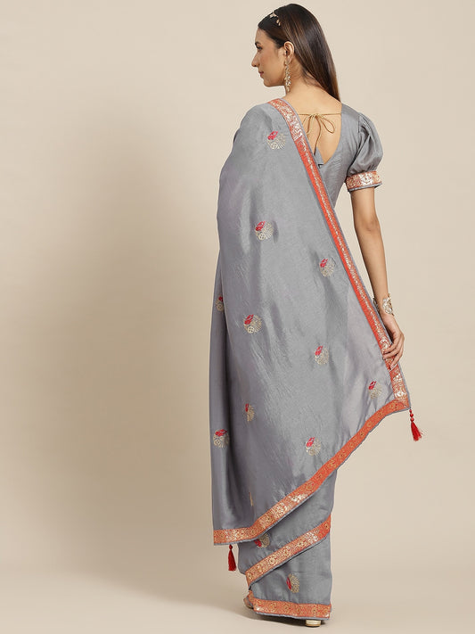 Dhiyona RV Women's Designer Vichitra Georgette Embroidered Saree with Jacquard Lace With Blouse ( KVD1798 )
