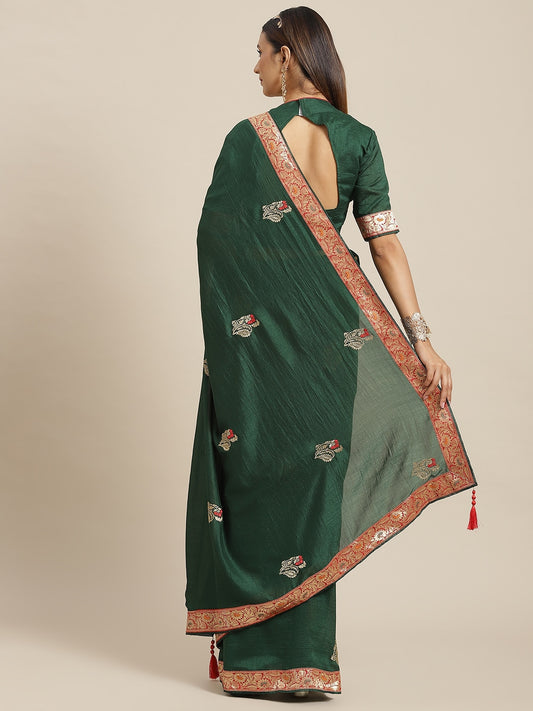 Dhiyona RV Women's Designer Vichitra Georgette Embroidered Saree with Jacquard Lace With Blouse ( KVD1801 )