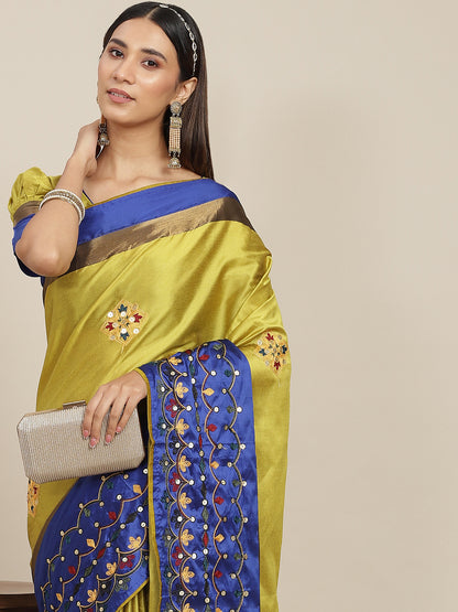 Dhiyona RV Women's Exquisite Aangi Cotton Silk Saree with Multi-Color Thread & Sequins Embroidery With Blouse ( KVD1812 )