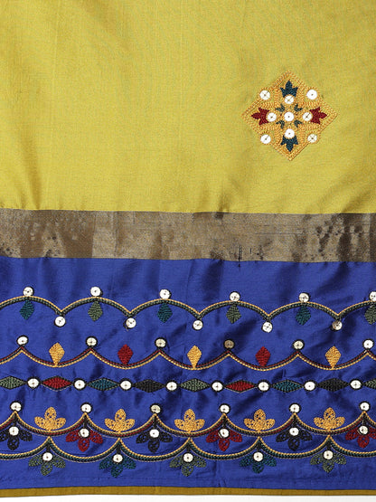 Dhiyona RV Women's Exquisite Aangi Cotton Silk Saree with Multi-Color Thread & Sequins Embroidery With Blouse ( KVD1812 )