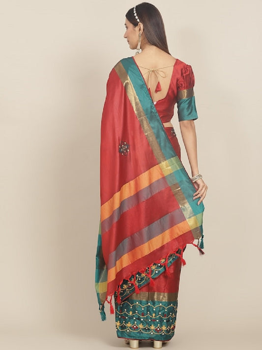 Dhiyona RV Women's Exquisite Aangi Cotton Silk Saree with Multi-Color Thread & Sequins Embroidery With Blouse ( KVD1813 )