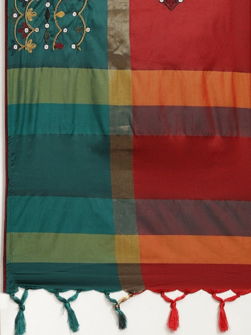 Dhiyona RV Women's Exquisite Aangi Cotton Silk Saree with Multi-Color Thread & Sequins Embroidery With Blouse ( KVD1813 )