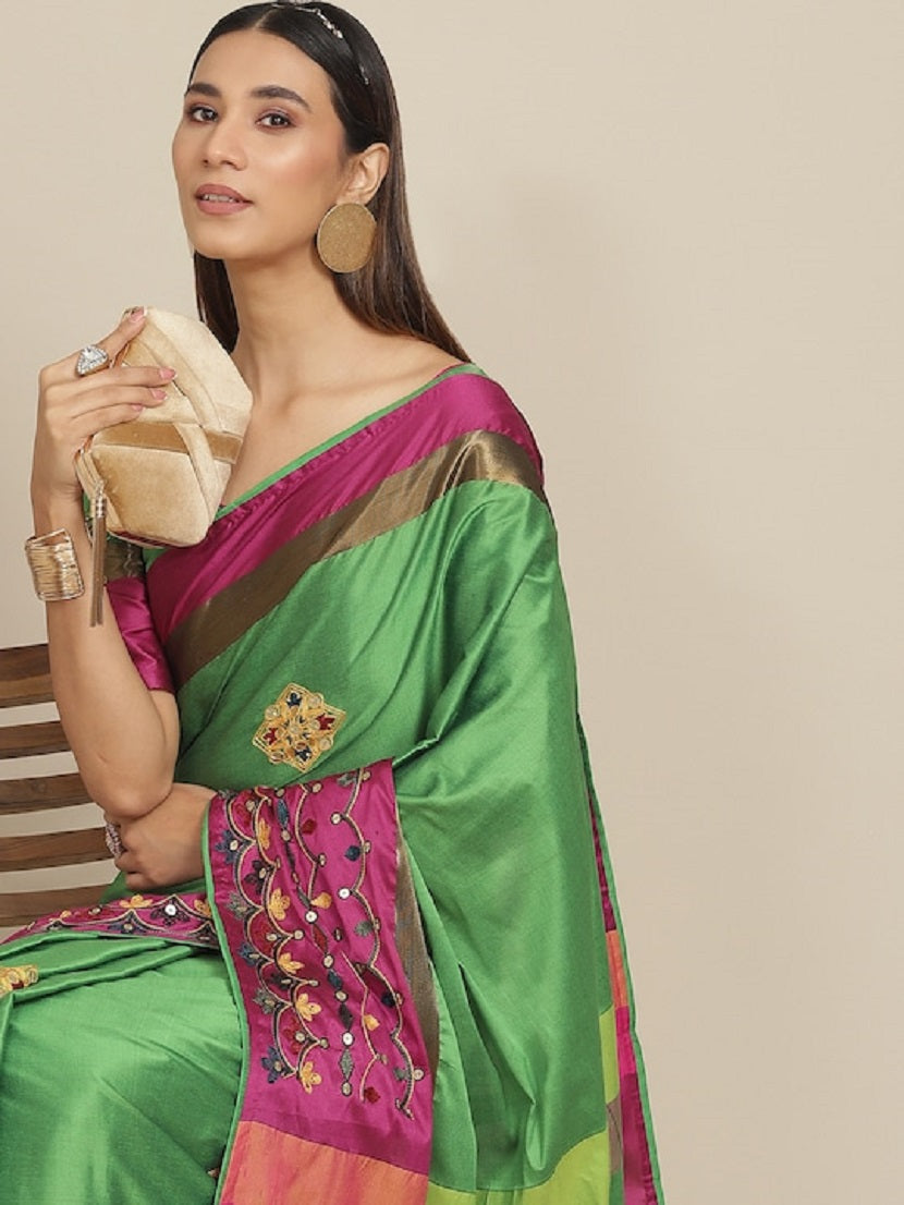 Dhiyona RV Women's Exquisite Aangi Cotton Silk Saree with Multi-Color Thread & Sequins Embroidery With Blouse ( KVD1819 )