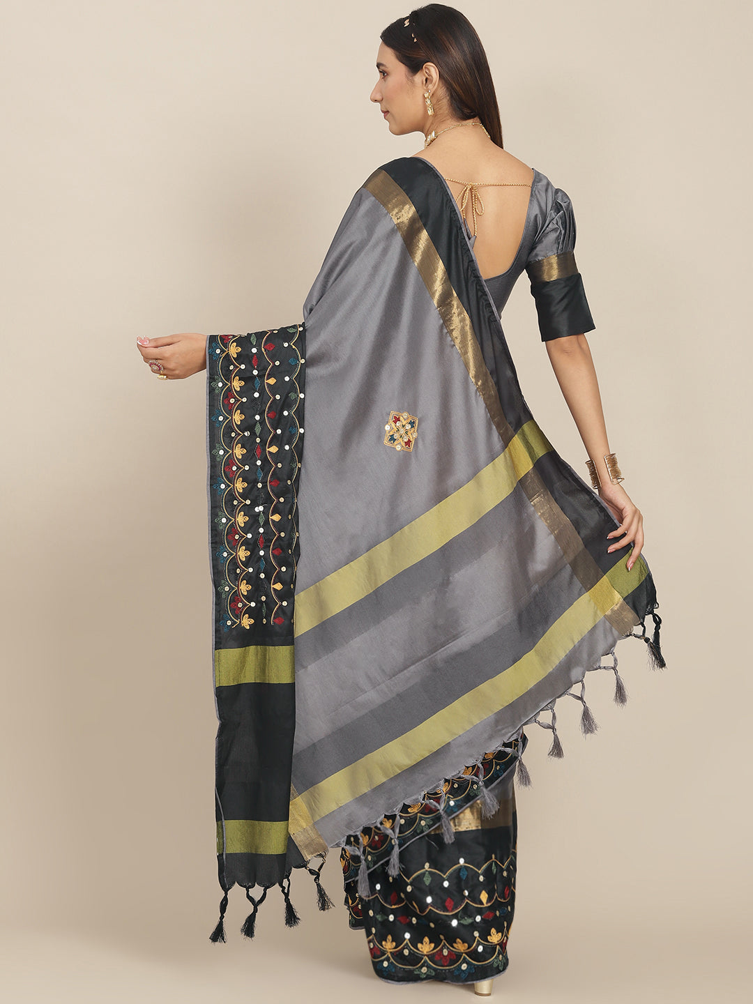 Dhiyona RV Women's Exquisite Aangi Cotton Silk Saree with Multi-Color Thread & Sequins Embroidery With Blouse ( KVD1823 )