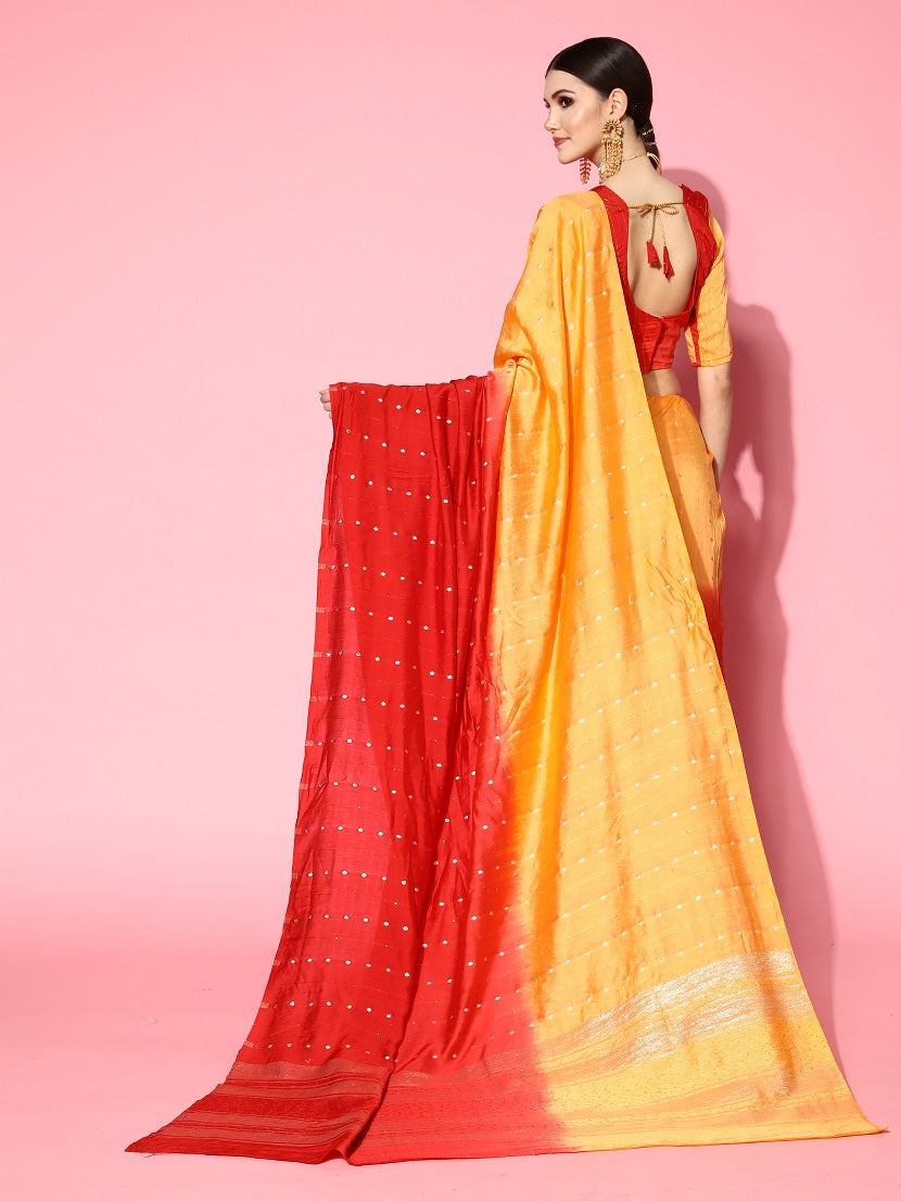 Dhiyona RV Women's Exquisite Soft Banarasi Cotton Tie-Dye Saree with Zari & Sequins Weaving With Blouse ( KVD1825 )