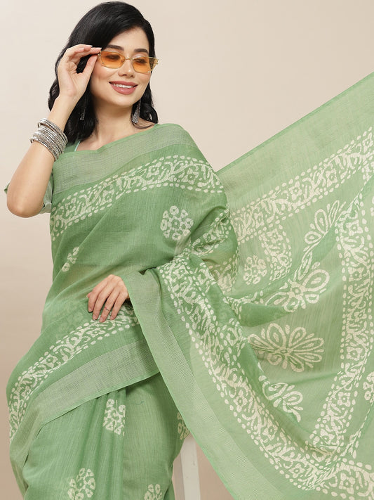 Dhiyona RV Women's Elegant Linen Blend Cotton Block Print Saree with Matching Blouse
 ( KVD1832 )